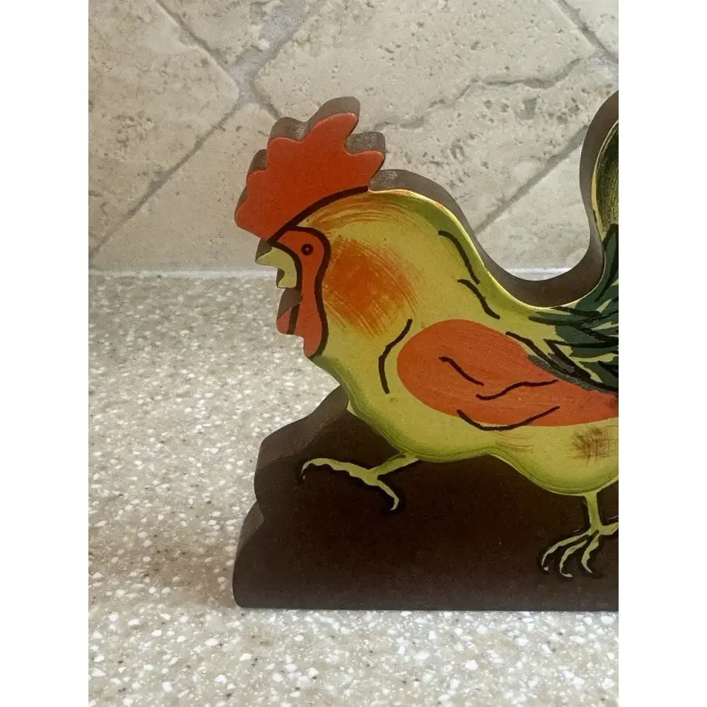 VTG Wooden Rooster Shelf Sitter Folk Art Colorful Hand Painted Farmhouse Country